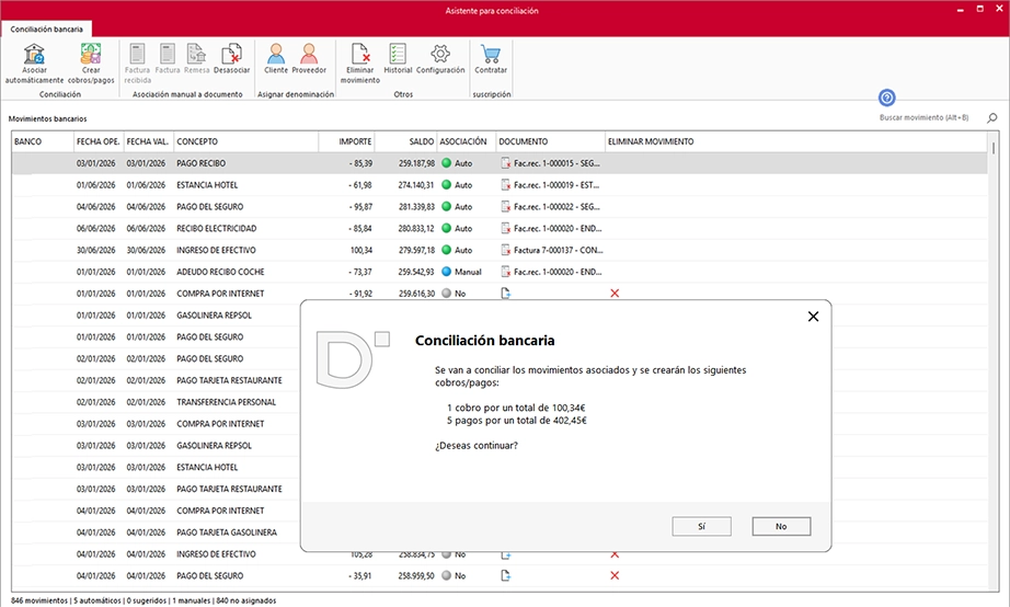 Conciliación automática de operaciones